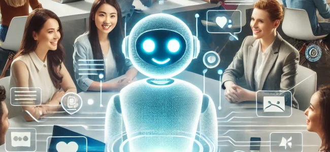 DALL·E 2025-01-26 18.20.04 – A visually engaging scene showing a friendly chatbot interacting with a diverse group of people in a modern tech environment. The chatbot appears as a DALL·E 2025-01-26 18.20.04 - A visually engaging scene showing a friendly chatbot interacting with a diverse group of people in a modern tech environment. The chatbot appears as a