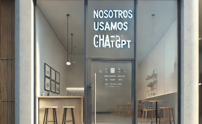 DALL·E 2025-01-26 18.58.49 – A realistic and modern storefront facade of a minimalistic business. The facade is sleek and clean, with a glass door and simple signage. On the door, Chat GPT en tu Negocio