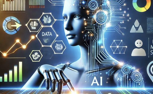 DALL·E 2025-01-26 19.17.49 – A modern, sleek, and professional illustration representing AI-driven marketing strategies. The image includes a humanoid AI figure with glowing circu Marketing Difital con IA