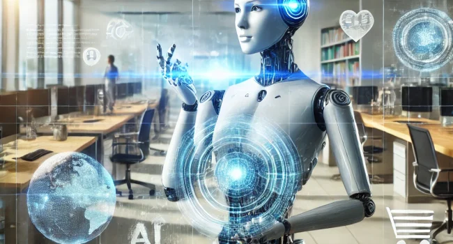 DALL·E 2025-01-26 20.14.59 – A hyper-realistic depiction of AI agents transforming industries. The image features a sleek humanoid AI robot in a futuristic corporate office, inter Agente de IA