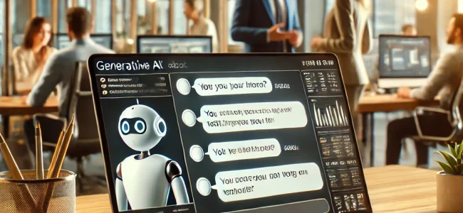 DALL·E 2025-01-26 21.02.46 – A hyper-realistic image of a professional office setting showcasing the practical use of a generative AI chatbot for business. The scene features a la IA Generativa