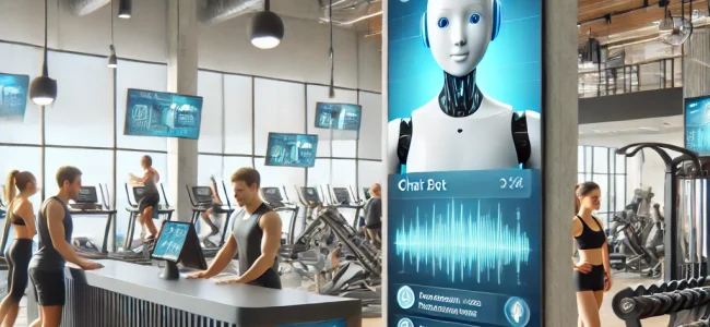 DALL·E 2025-01-26 21.32.26 – A hyper-realistic image of a modern fitness center seamlessly integrating artificial intelligence technology. The scene features a chatbot interface o IA Deportes